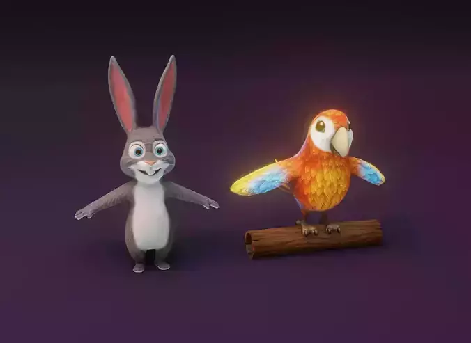 Cartoon Animated Ara Parrot and Rabbit 3D Model Collection Low-poly 3D model