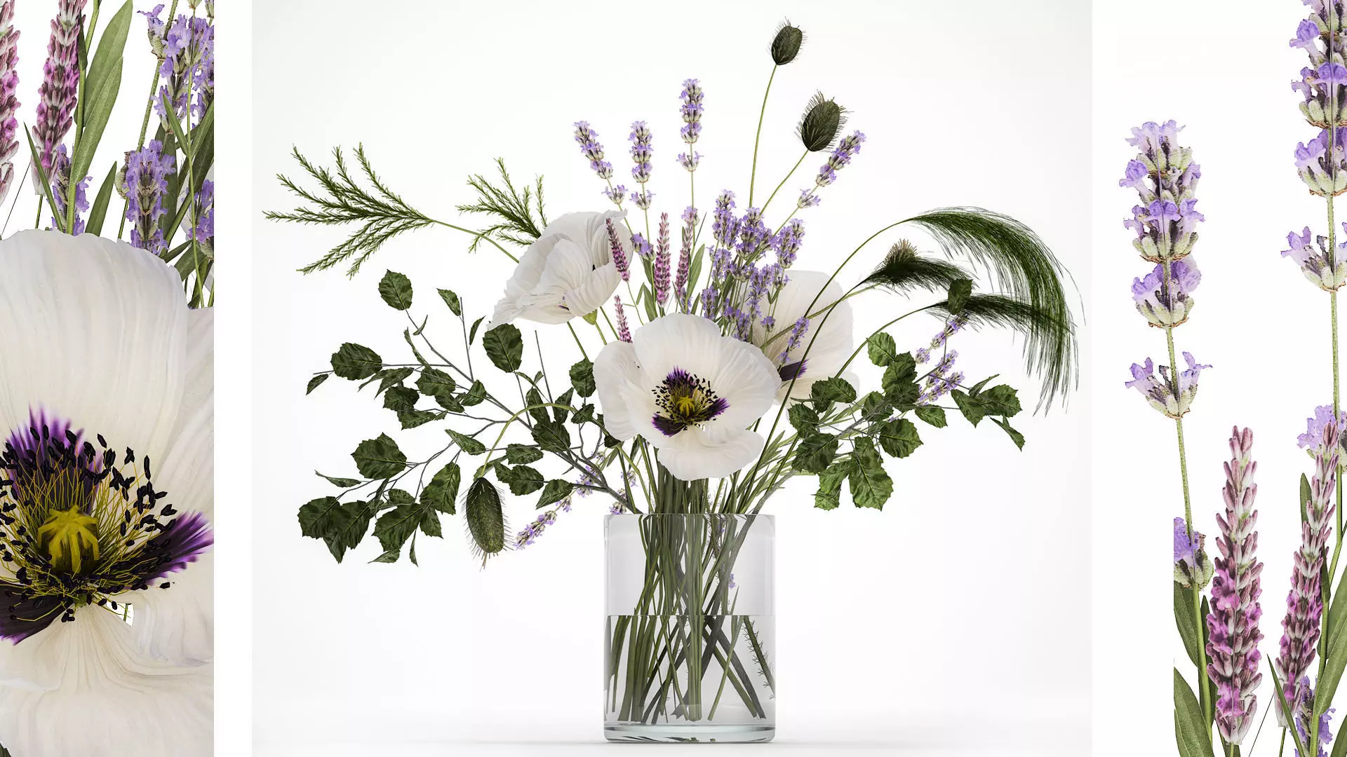 Bouquet White Wild Flowers Poppy Lavender Pampas 454 3D model