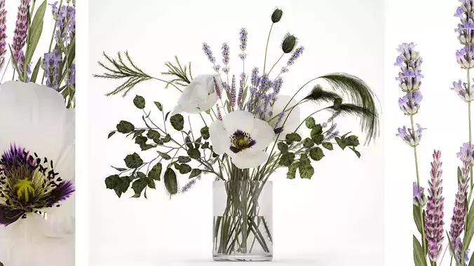 Bouquet White Wild Flowers Poppy Lavender Pampas 454