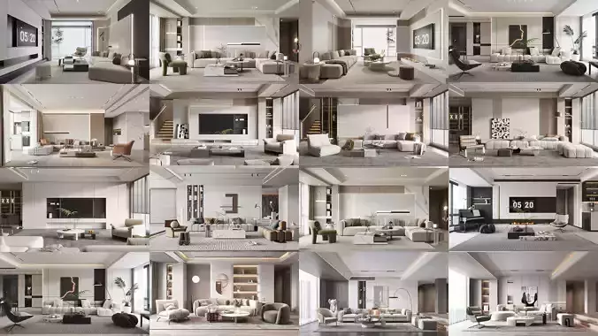 Livingroom and Kitchen interior scene 3D model