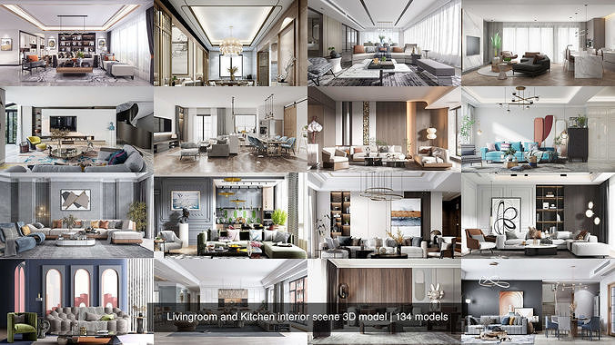 Livingroom and Kitchen interior scene 3D model 3D Model Pack 7