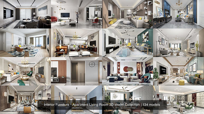 Livingroom and Kitchen interior scene 3D model 3D Model Pack 3