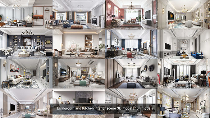 Livingroom and Kitchen interior scene 3D model 3D Model Pack 4