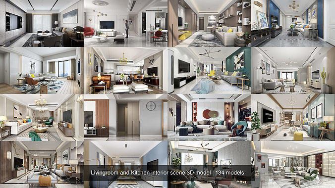 Livingroom and Kitchen interior scene 3D model 3D Model Pack 2