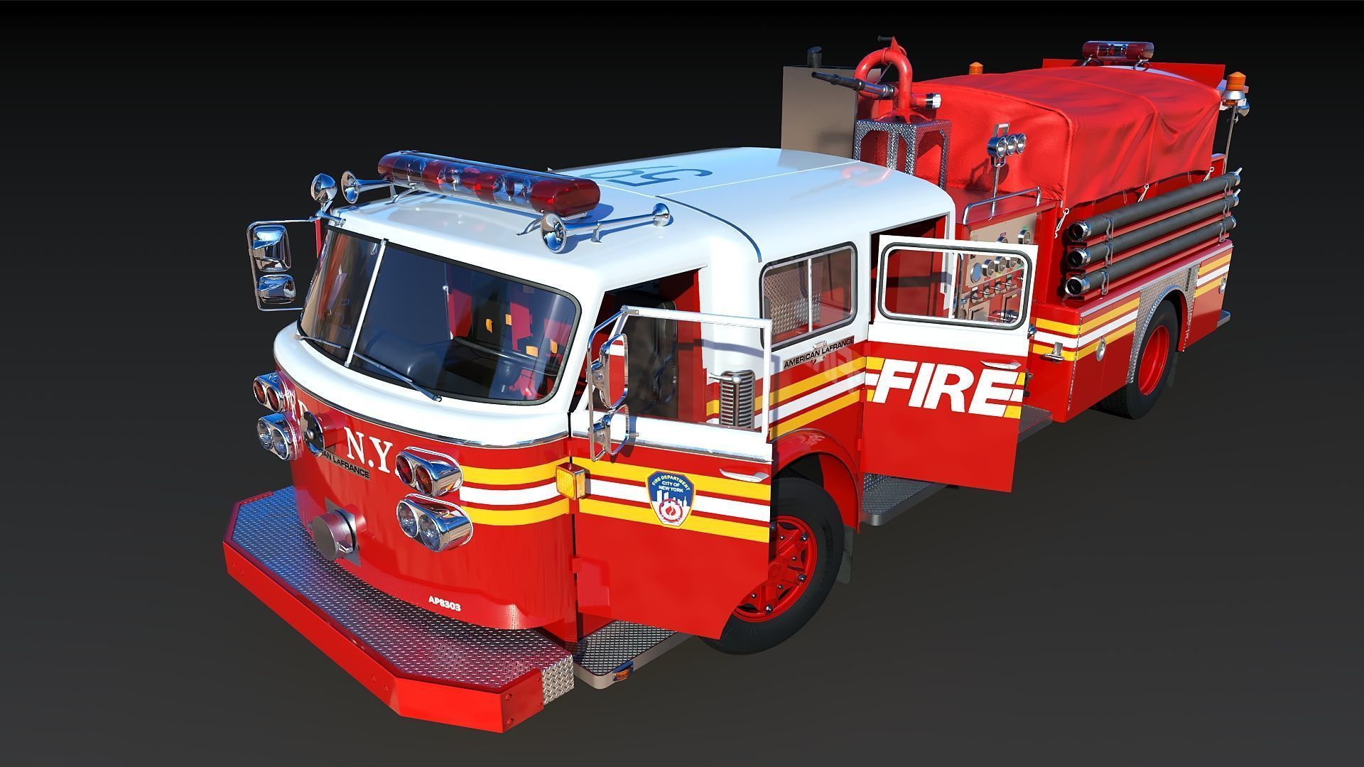 Fire truck American La France 1000 Engine FDNY Low-poly 3D model_6