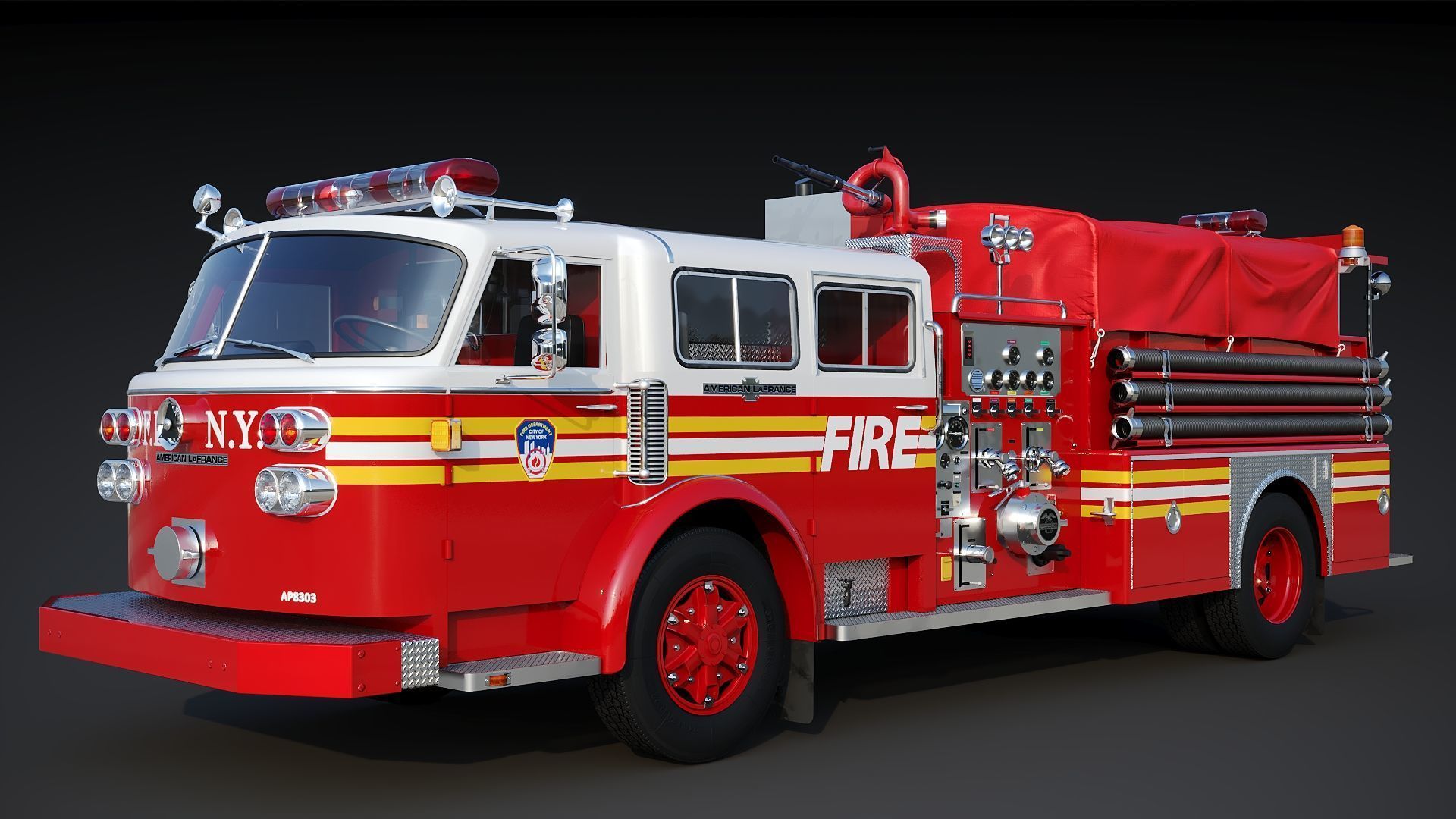 Fire truck American La France 1000 Engine FDNY Low-poly 3D model_3
