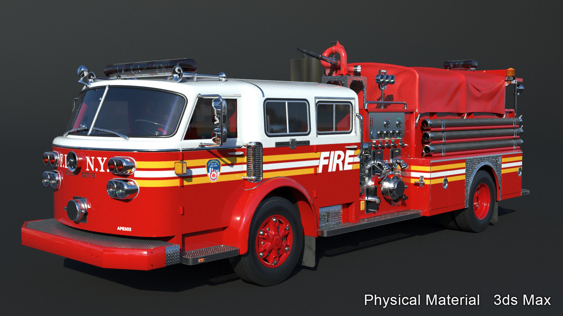 Fire truck American La France 1000 Engine FDNY Low-poly 3D model_4