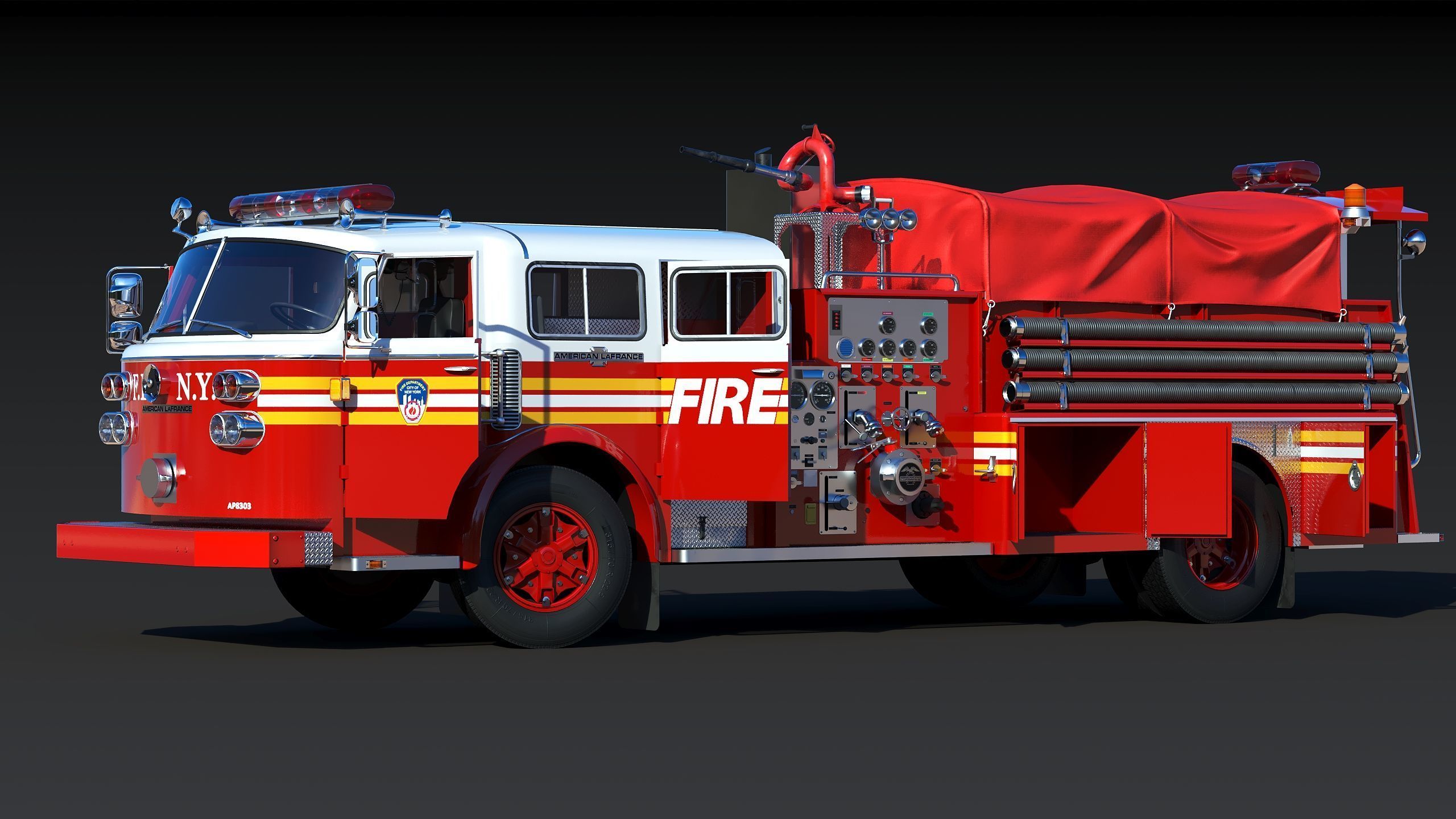 Fire truck American La France 1000 Engine FDNY Low-poly 3D model_7