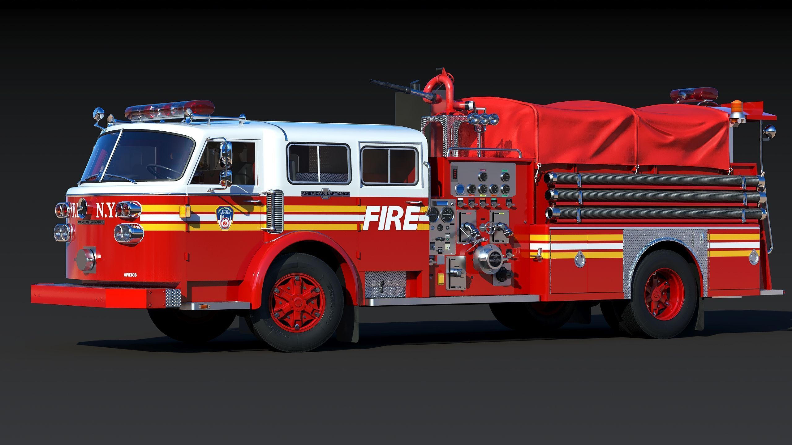Fire truck American La France 1000 Engine FDNY Low-poly 3D model_8