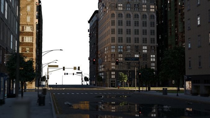 City street with realistic intersections and buildings 3D model 7