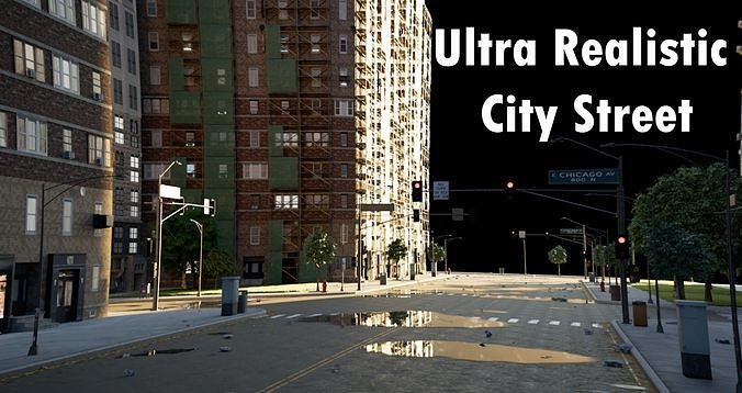 City street with realistic intersections and buildings 3D model 2