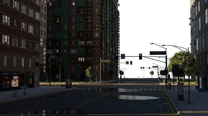 City street with realistic intersections and buildings 3D model 6
