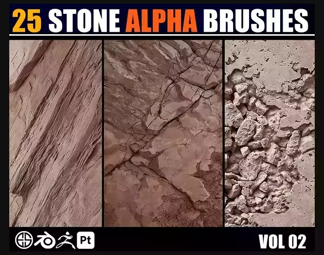 25 Real Stone Alpha Brushes - Blender Alpha Brush - Zbrush Alpha 3D model