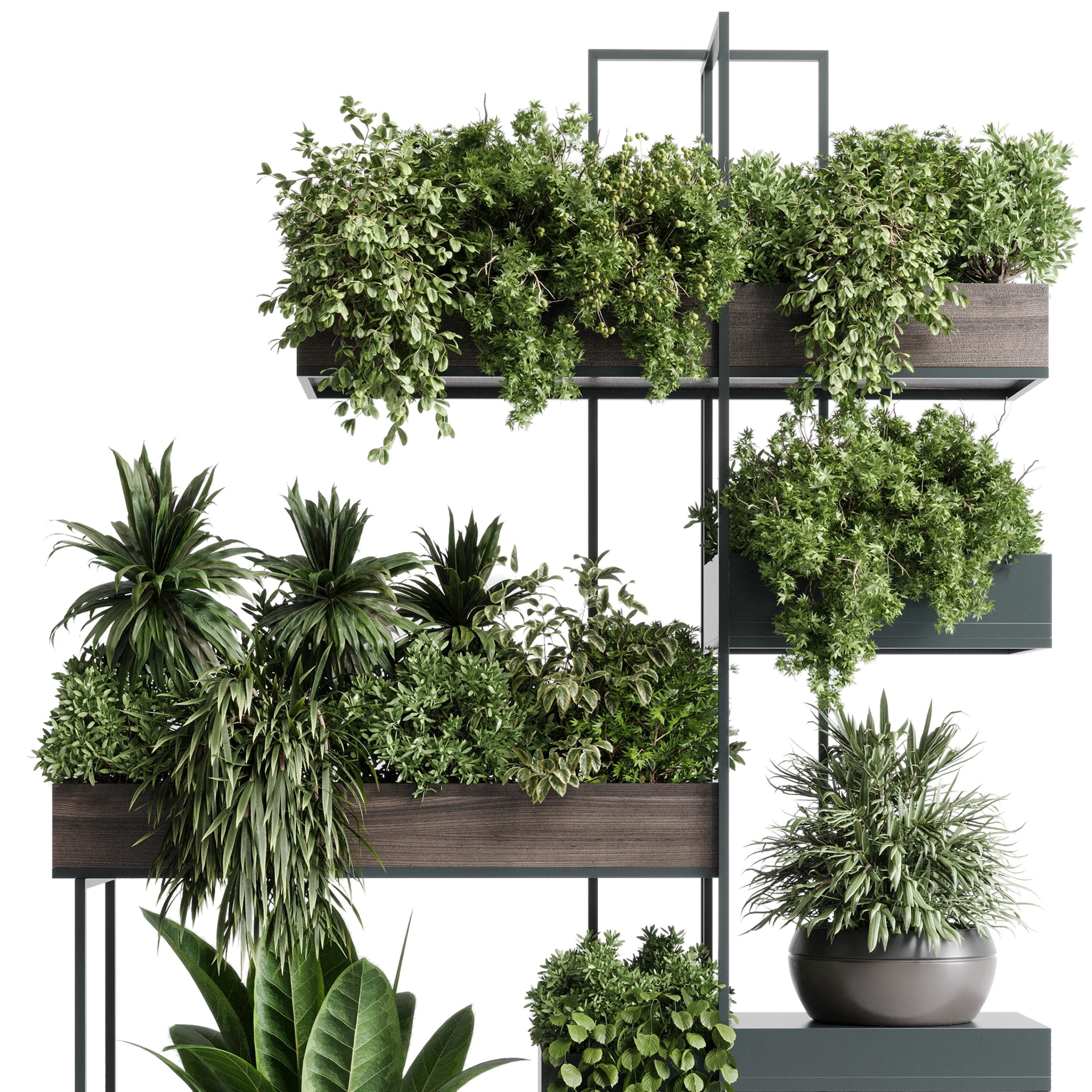 Standing metal shelf with a set of plants wooden metal boxes 536 3D model_4