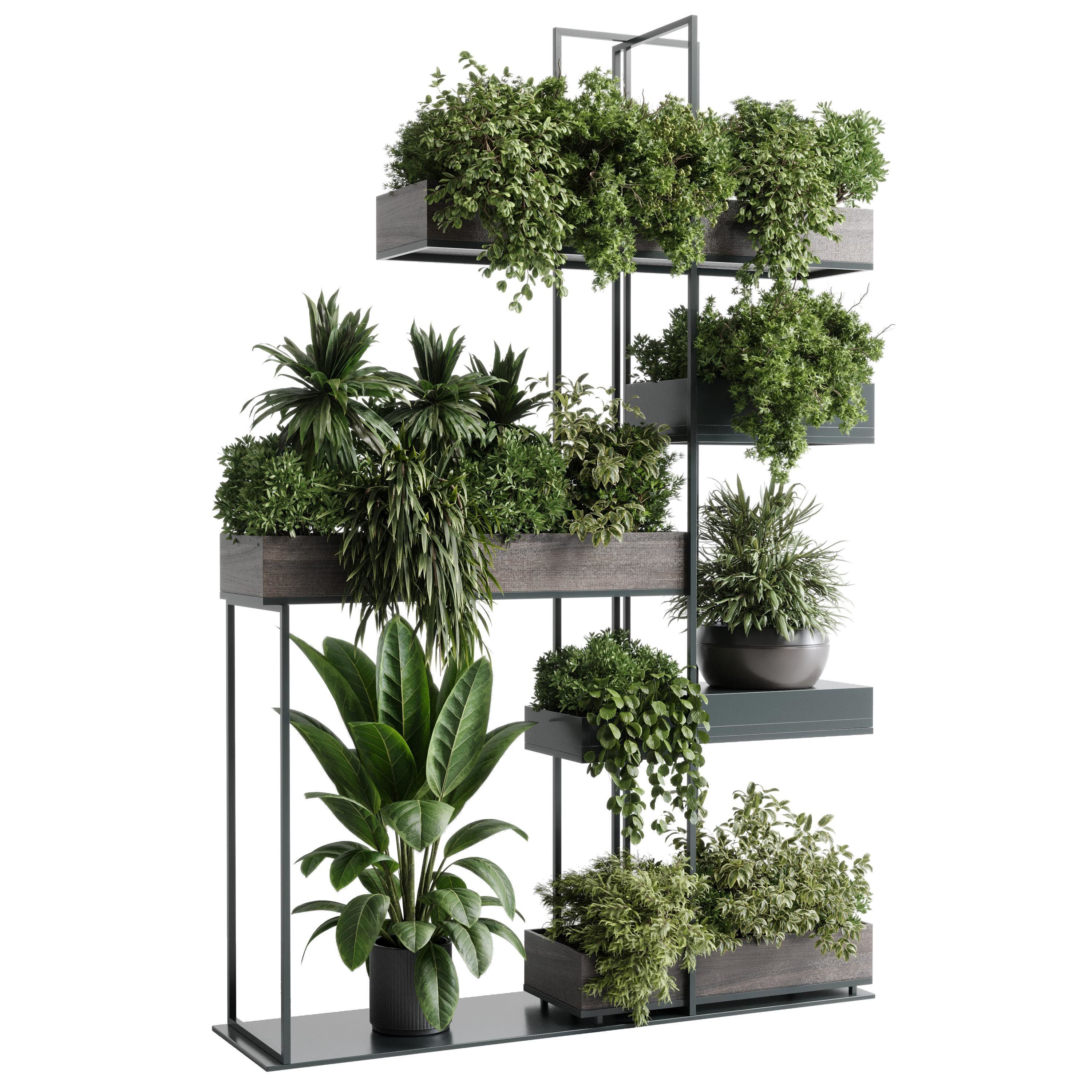 Standing metal shelf with a set of plants wooden metal boxes 536 3D model_1