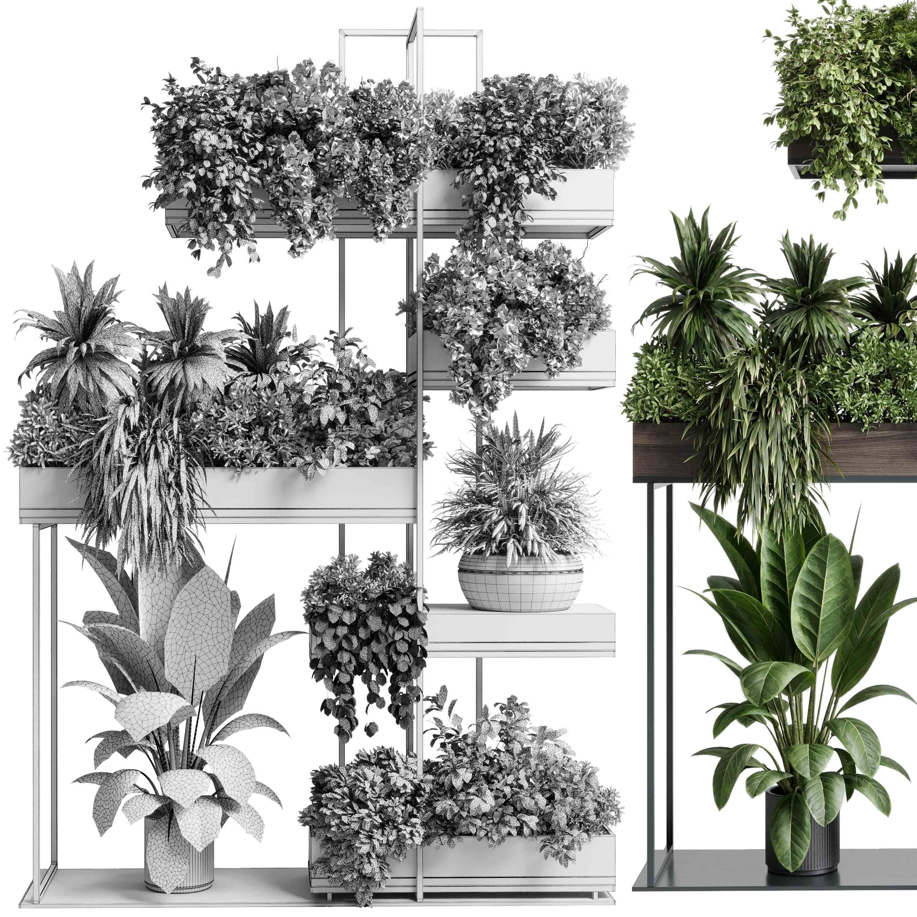 Standing metal shelf with a set of plants wooden metal boxes 536 3D model_7