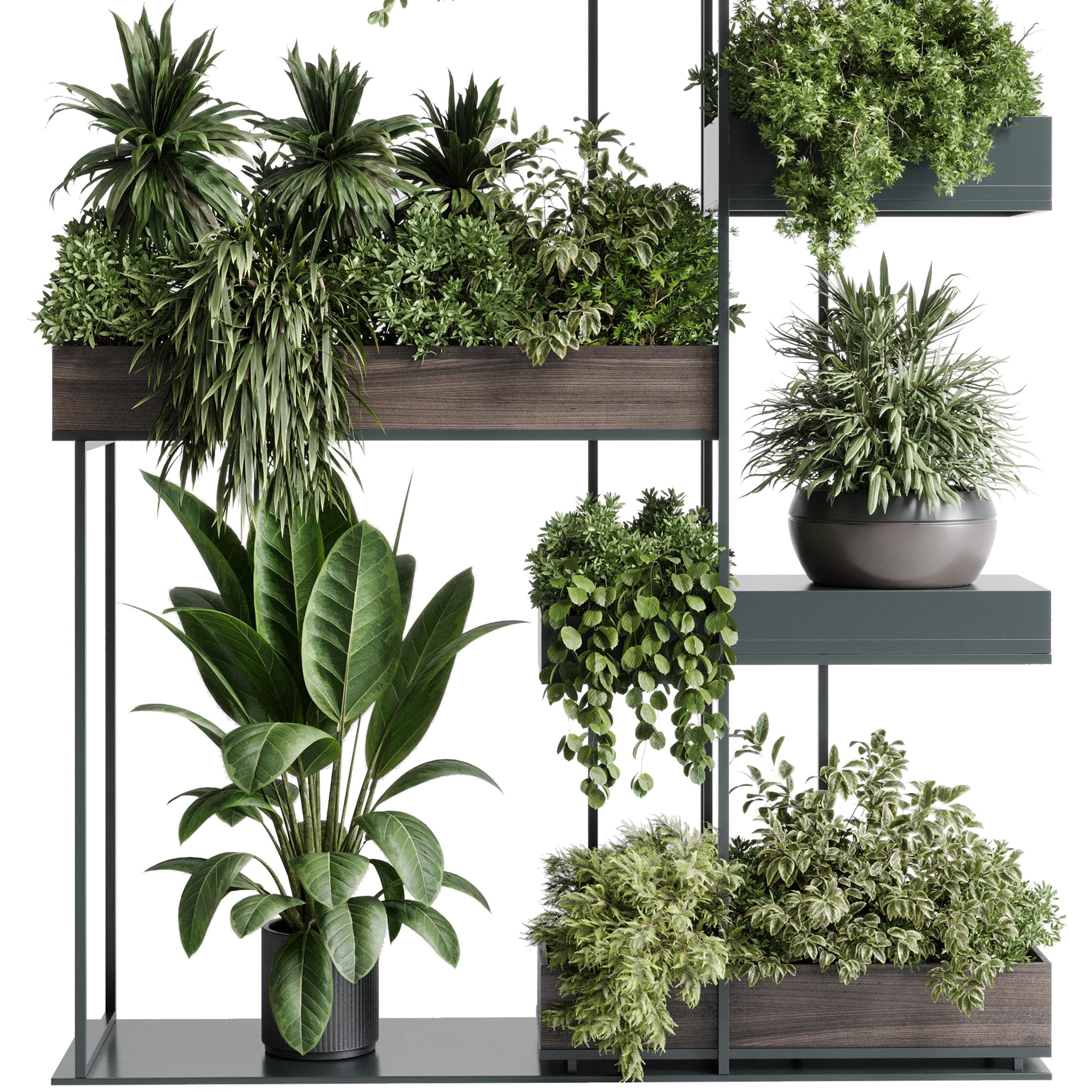 Standing metal shelf with a set of plants wooden metal boxes 536 3D model_6