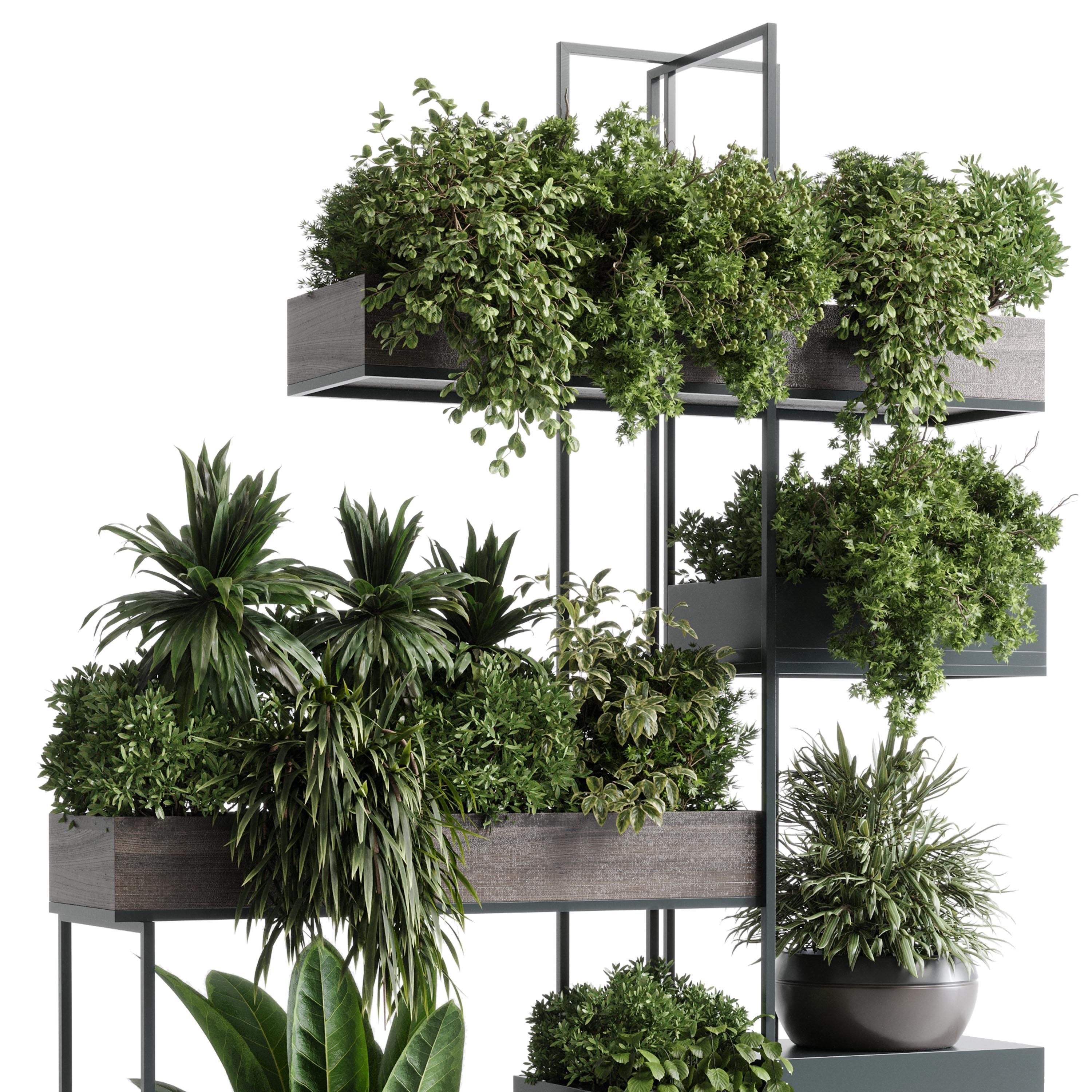 Standing metal shelf with a set of plants wooden metal boxes 536 3D model_3