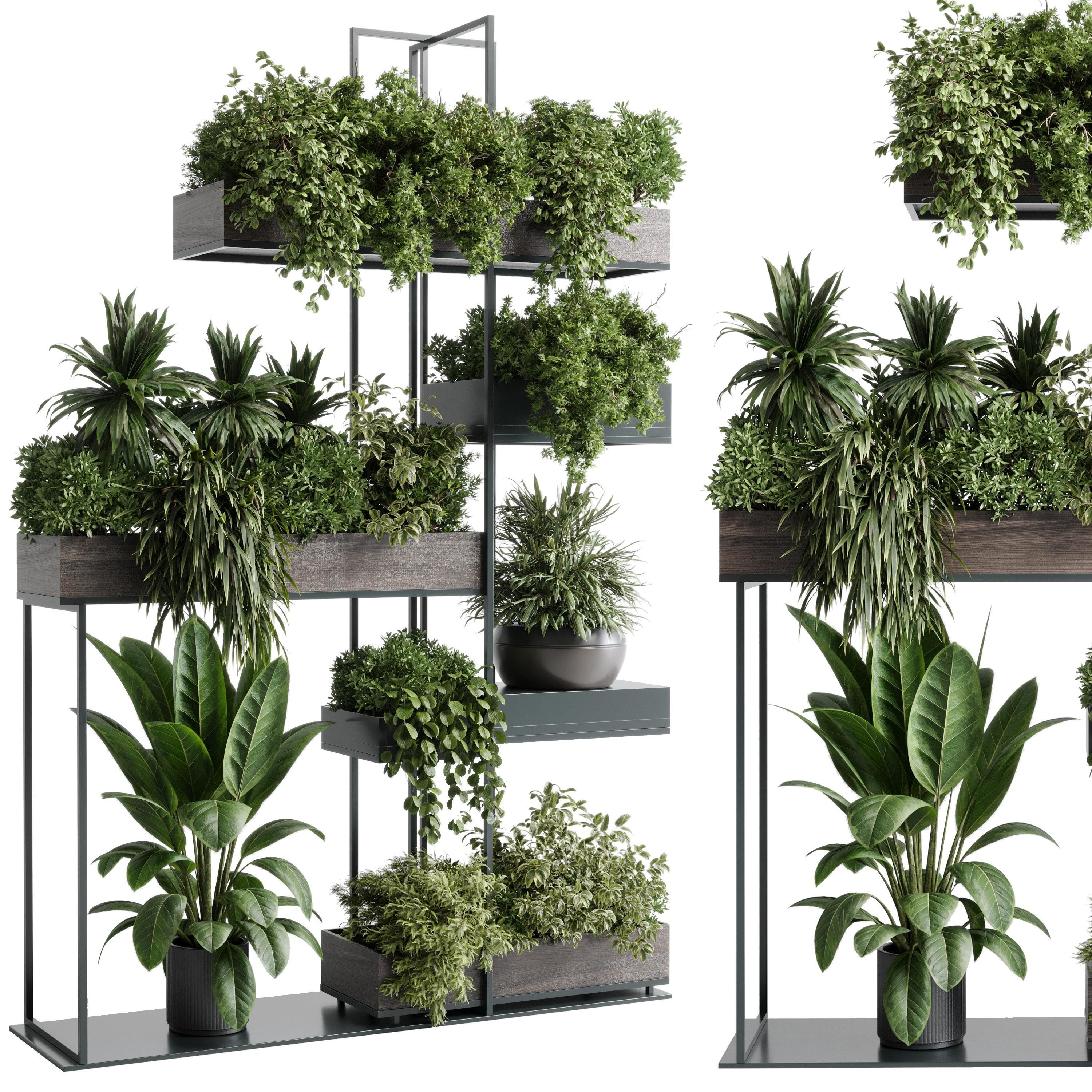 Standing metal shelf with a set of plants wooden metal boxes 536 3D model_5