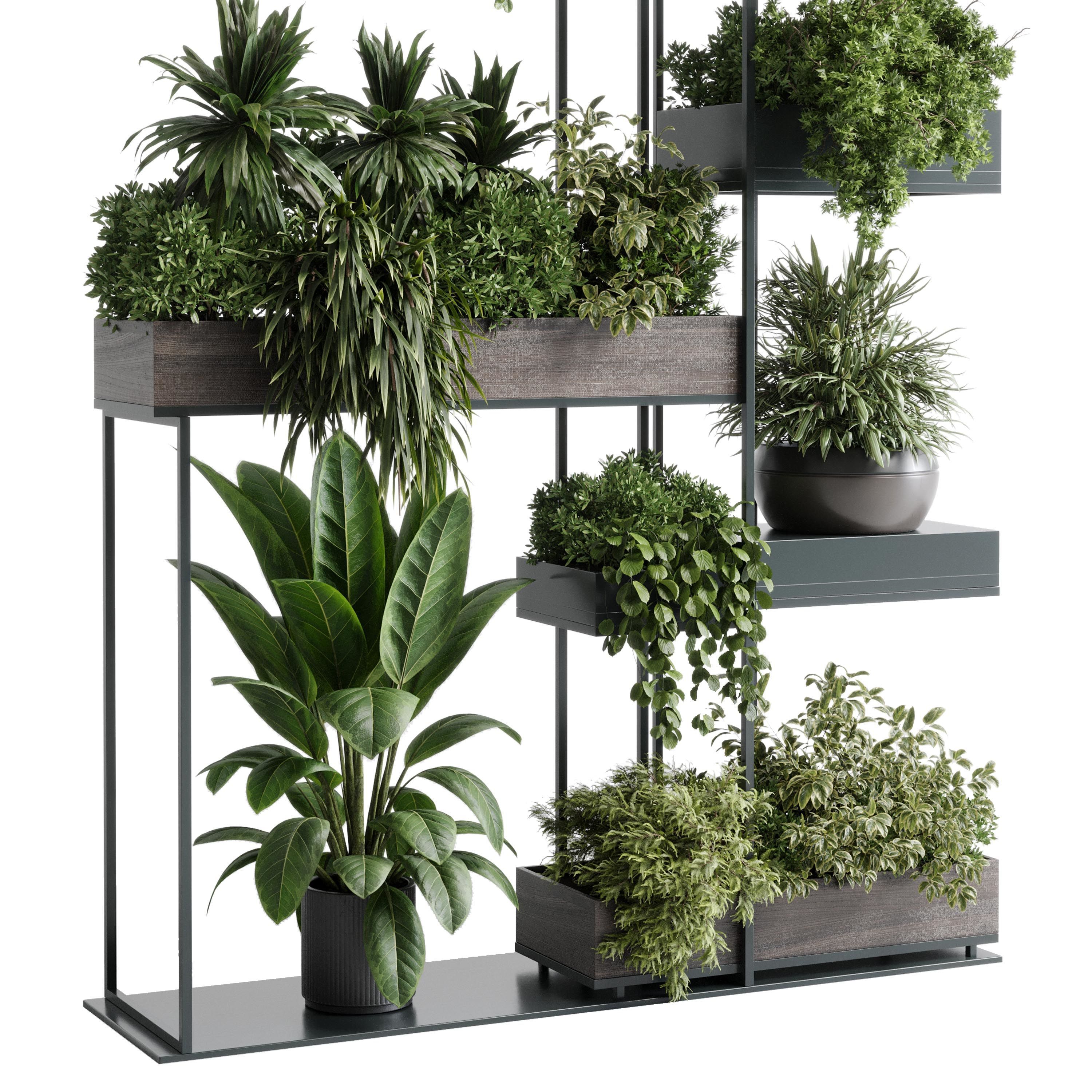 Standing metal shelf with a set of plants wooden metal boxes 536 3D model_2