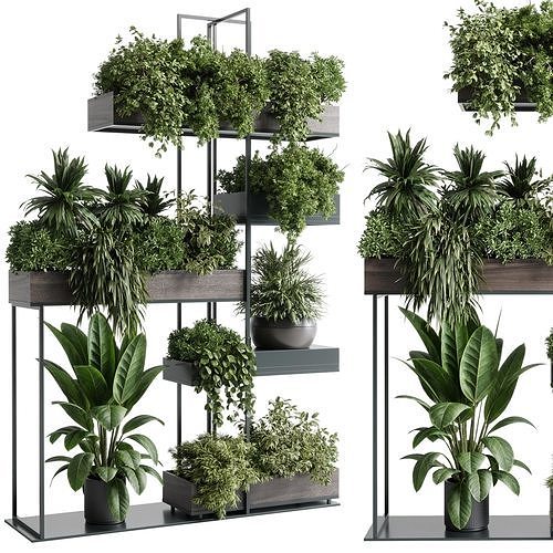 Standing metal shelf with a set of plants wooden metal boxes 536 3D model