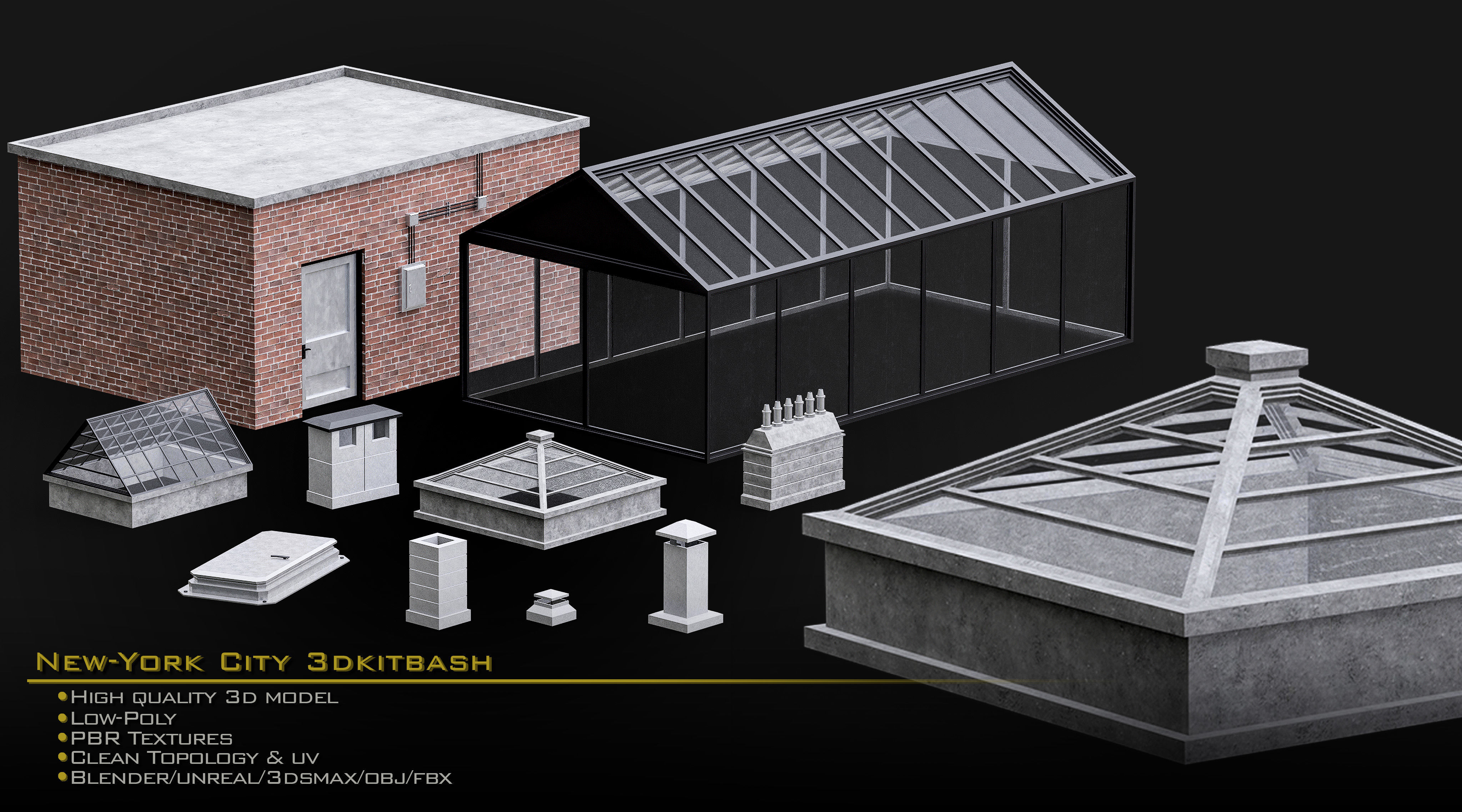 NewYork City Buildings and Street Environment 3D Asset Kitbash Low-poly 3D model_9