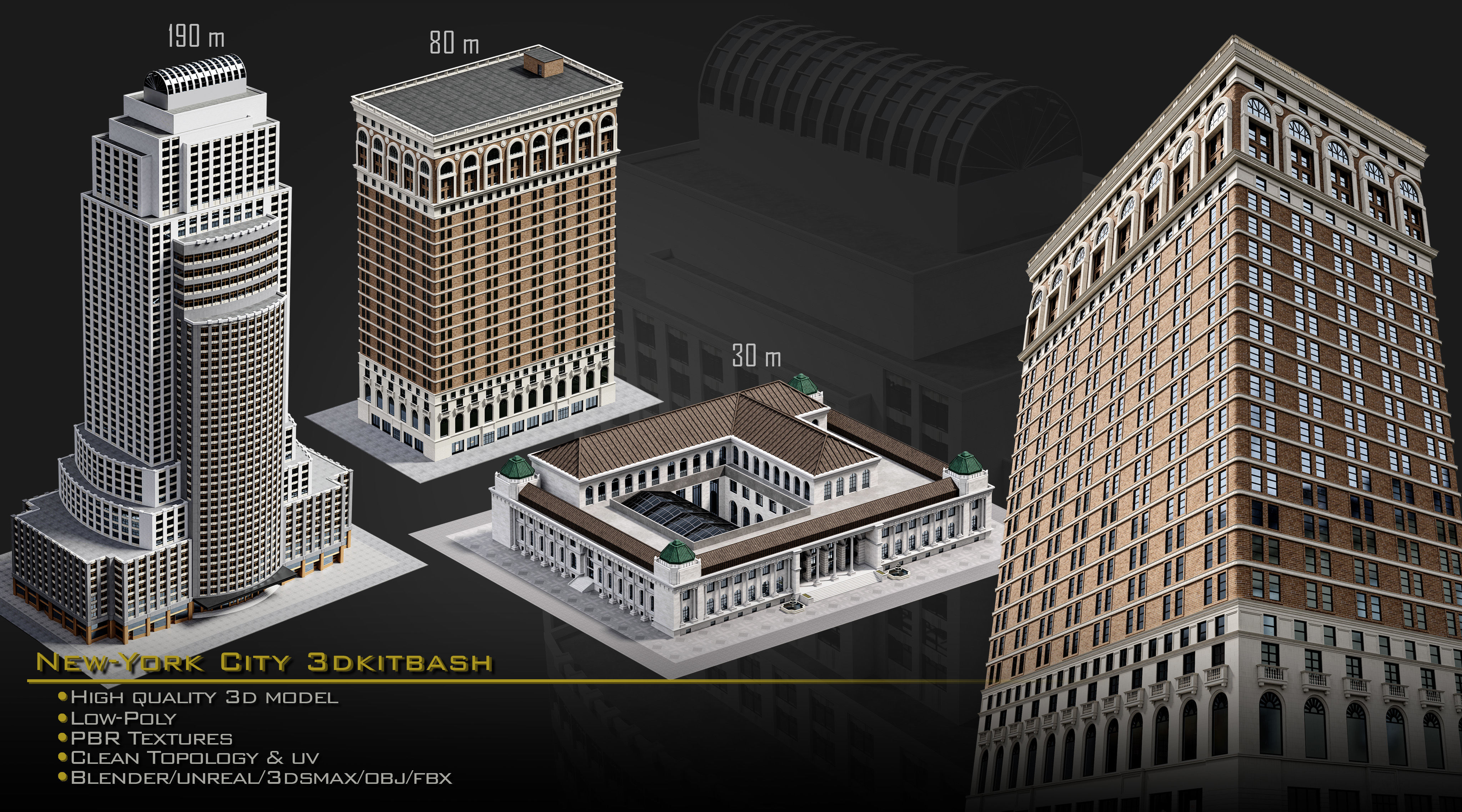 NewYork City Buildings and Street Environment 3D Asset Kitbash Low-poly 3D model_5