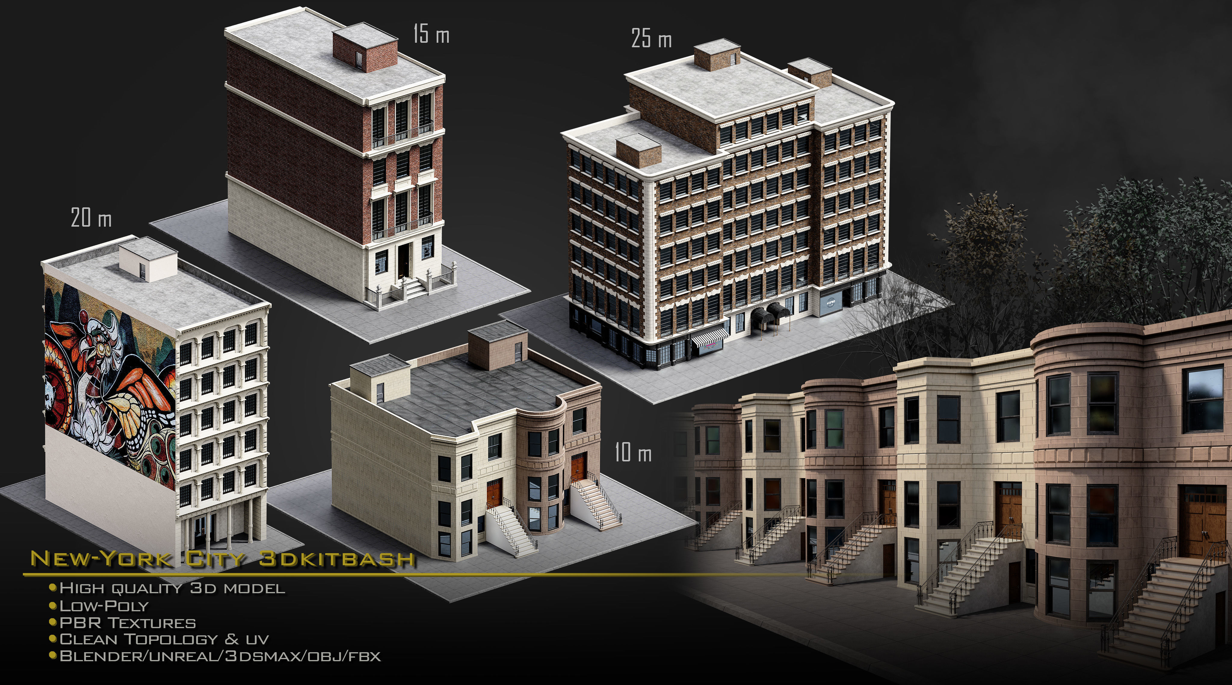 NewYork City Buildings and Street Environment 3D Asset Kitbash Low-poly 3D model_6