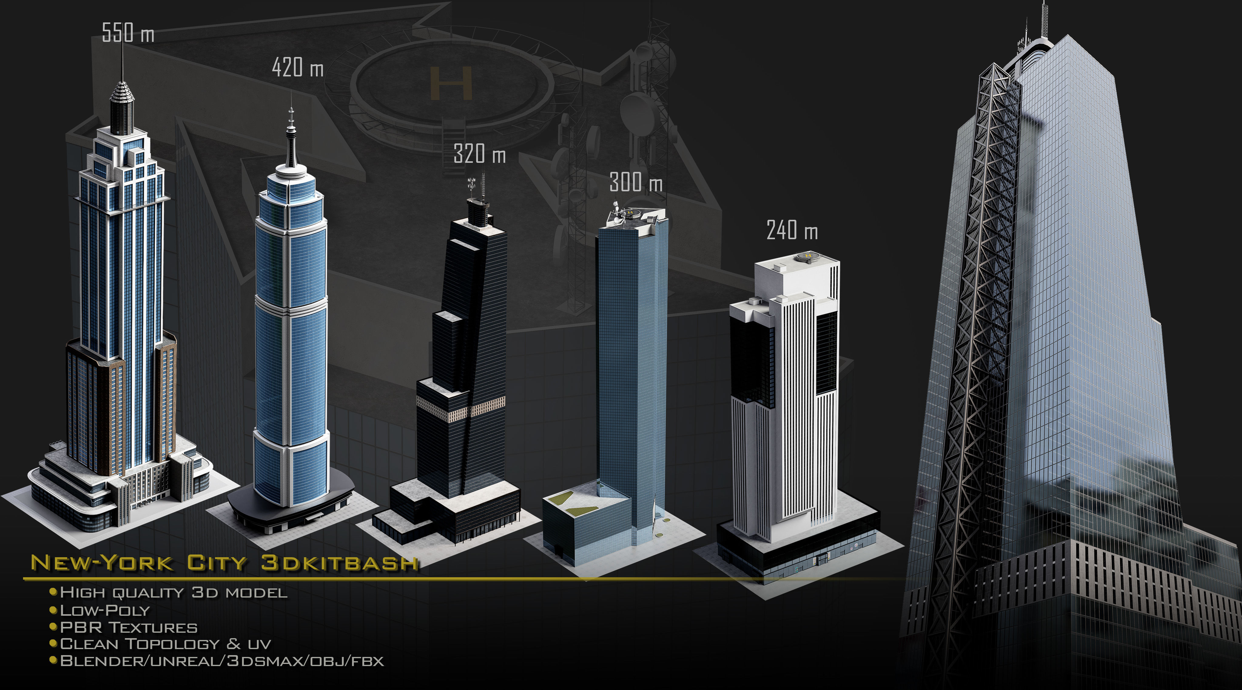 NewYork City Buildings and Street Environment 3D Asset Kitbash Low-poly 3D model_3