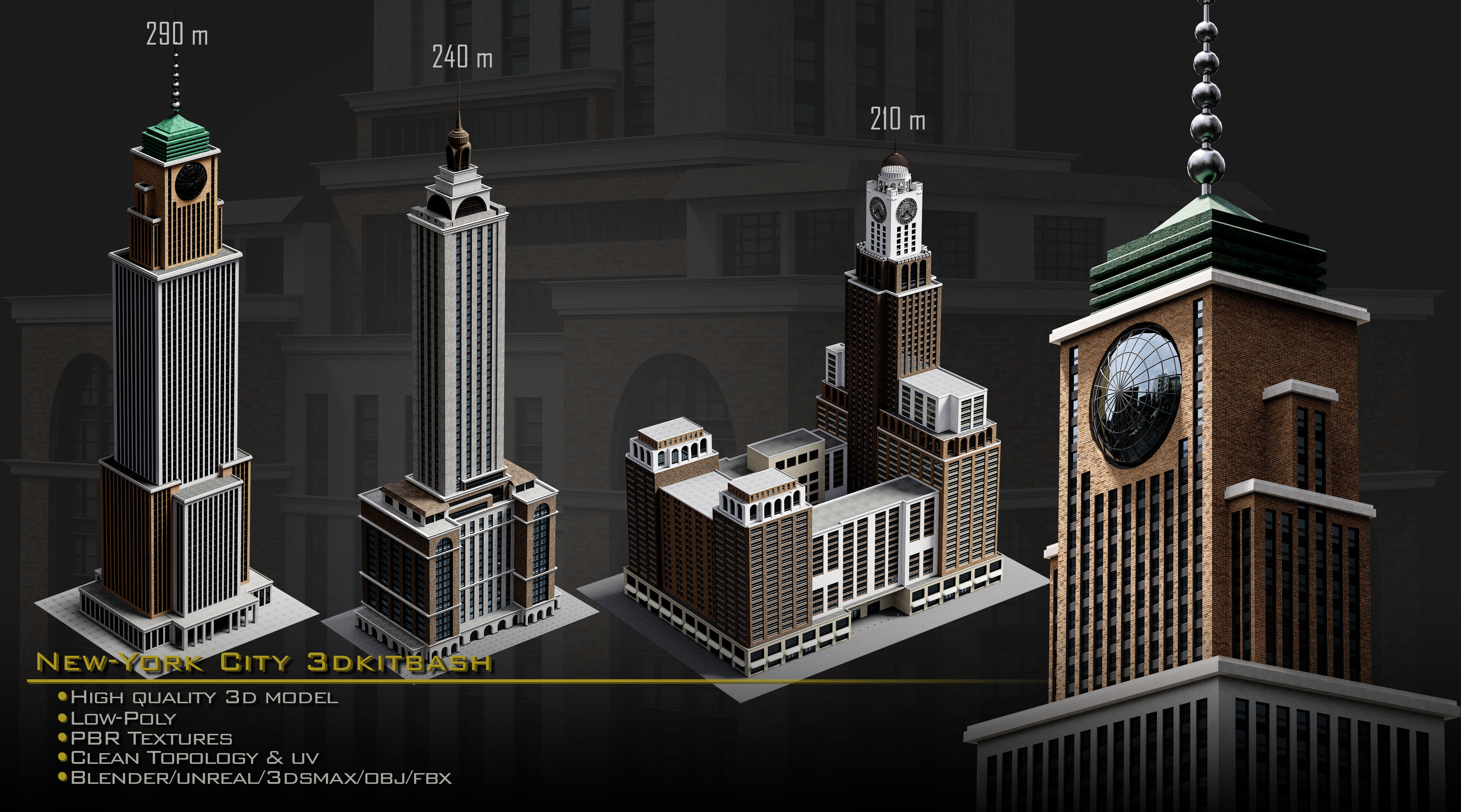 NewYork City Buildings and Street Environment 3D Asset Kitbash Low-poly 3D model_4
