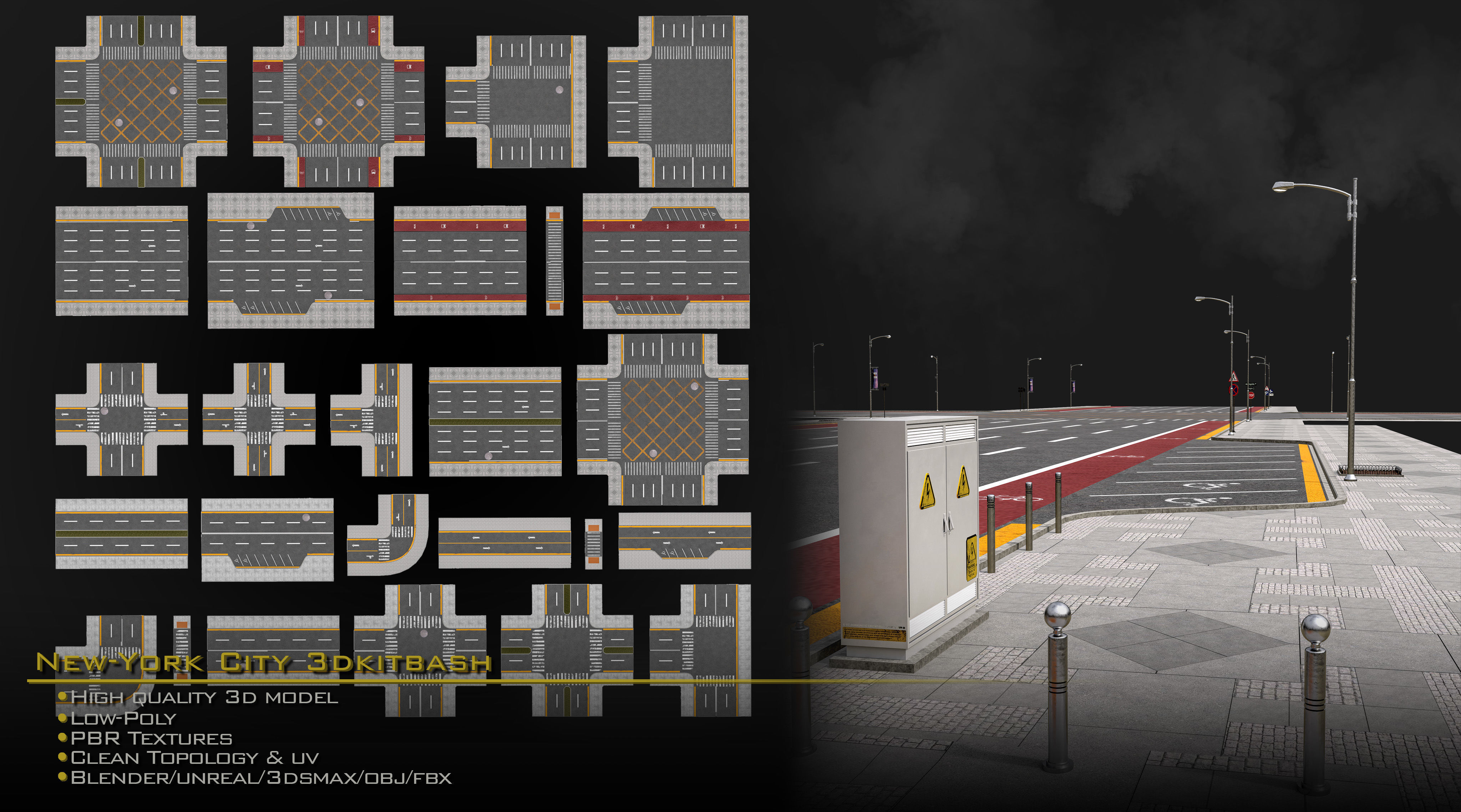 NewYork City Buildings and Street Environment 3D Asset Kitbash Low-poly 3D model_8