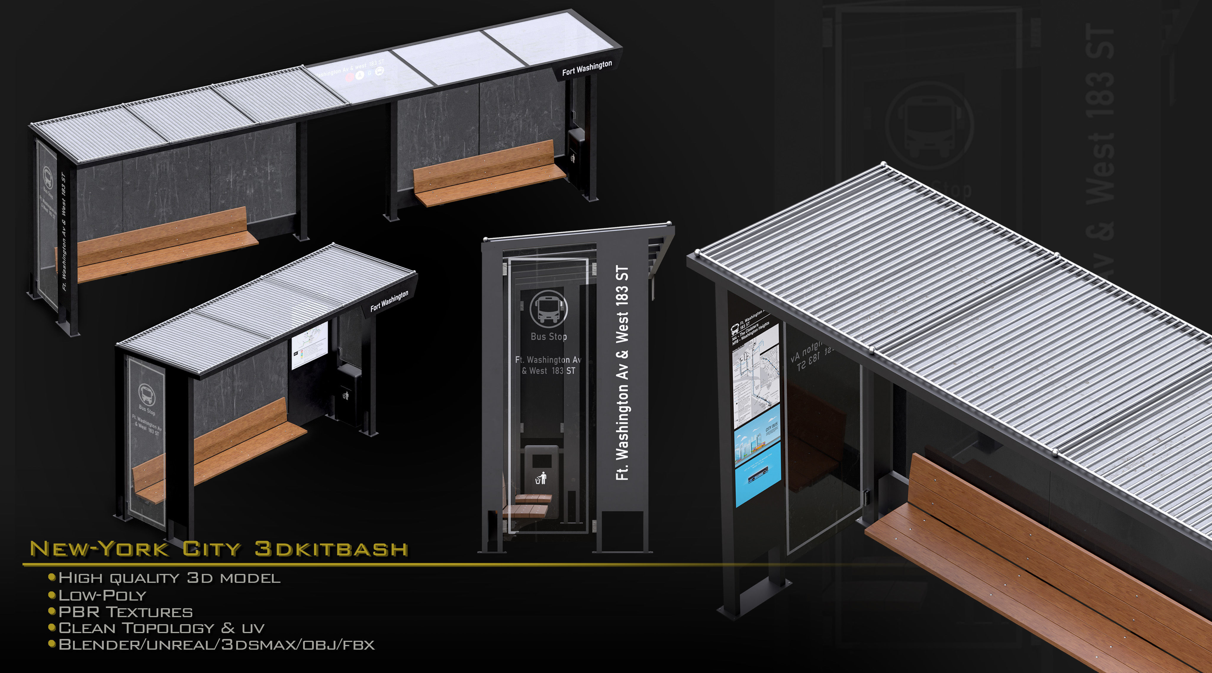 NewYork City Buildings and Street Environment 3D Asset Kitbash Low-poly 3D model_17