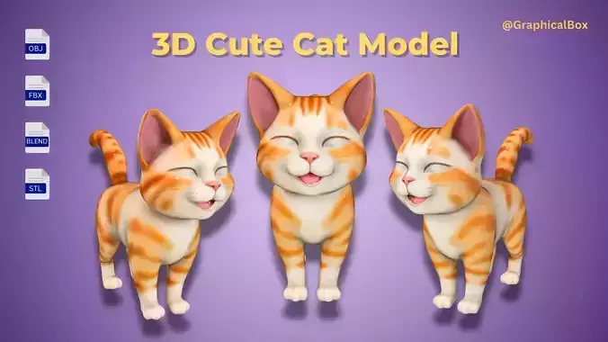 3D Cute Cat Orange Happy Cat with its Tail held upright