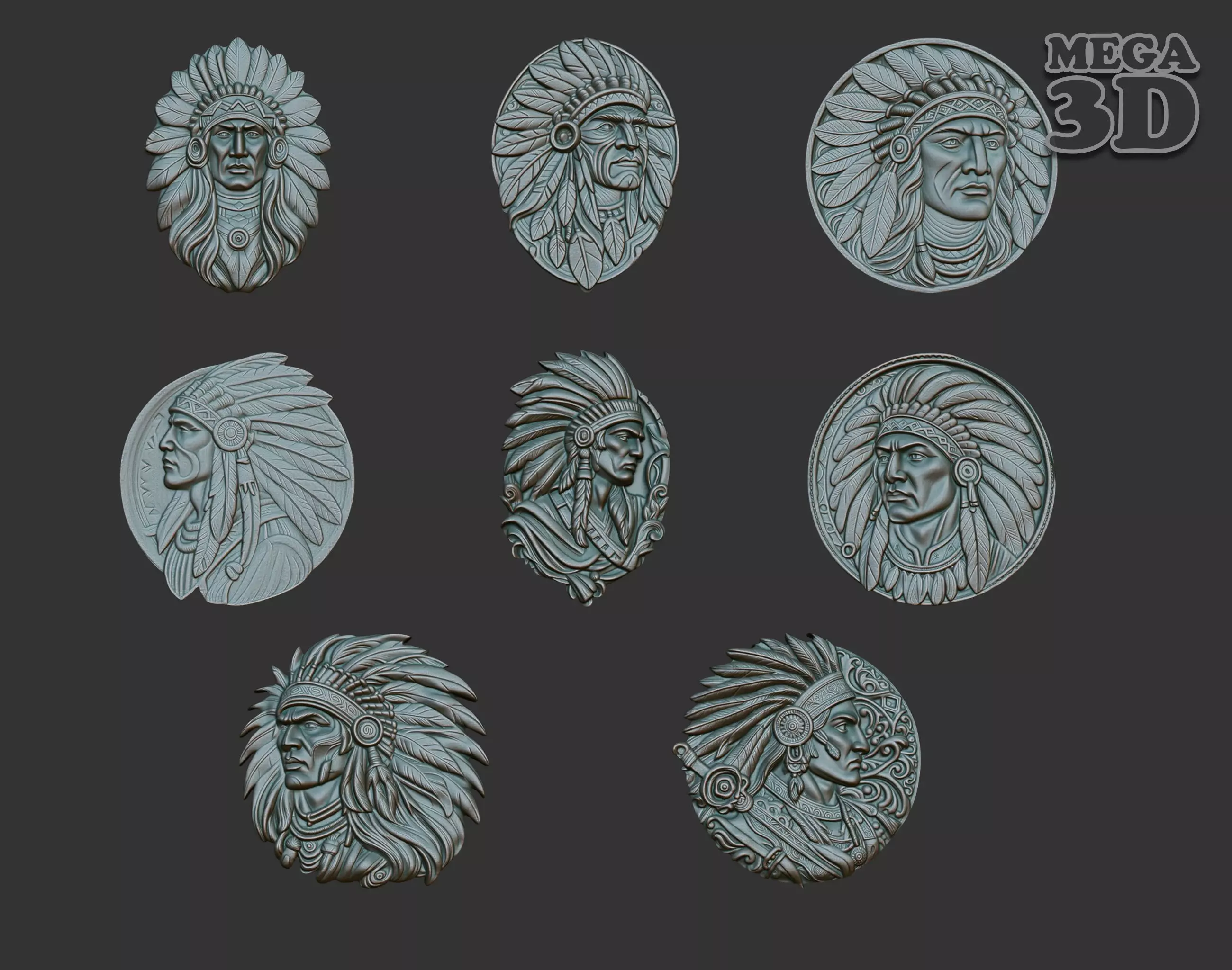 Native American Warrior basrelief Pack B 240915 3D Model Collection_0