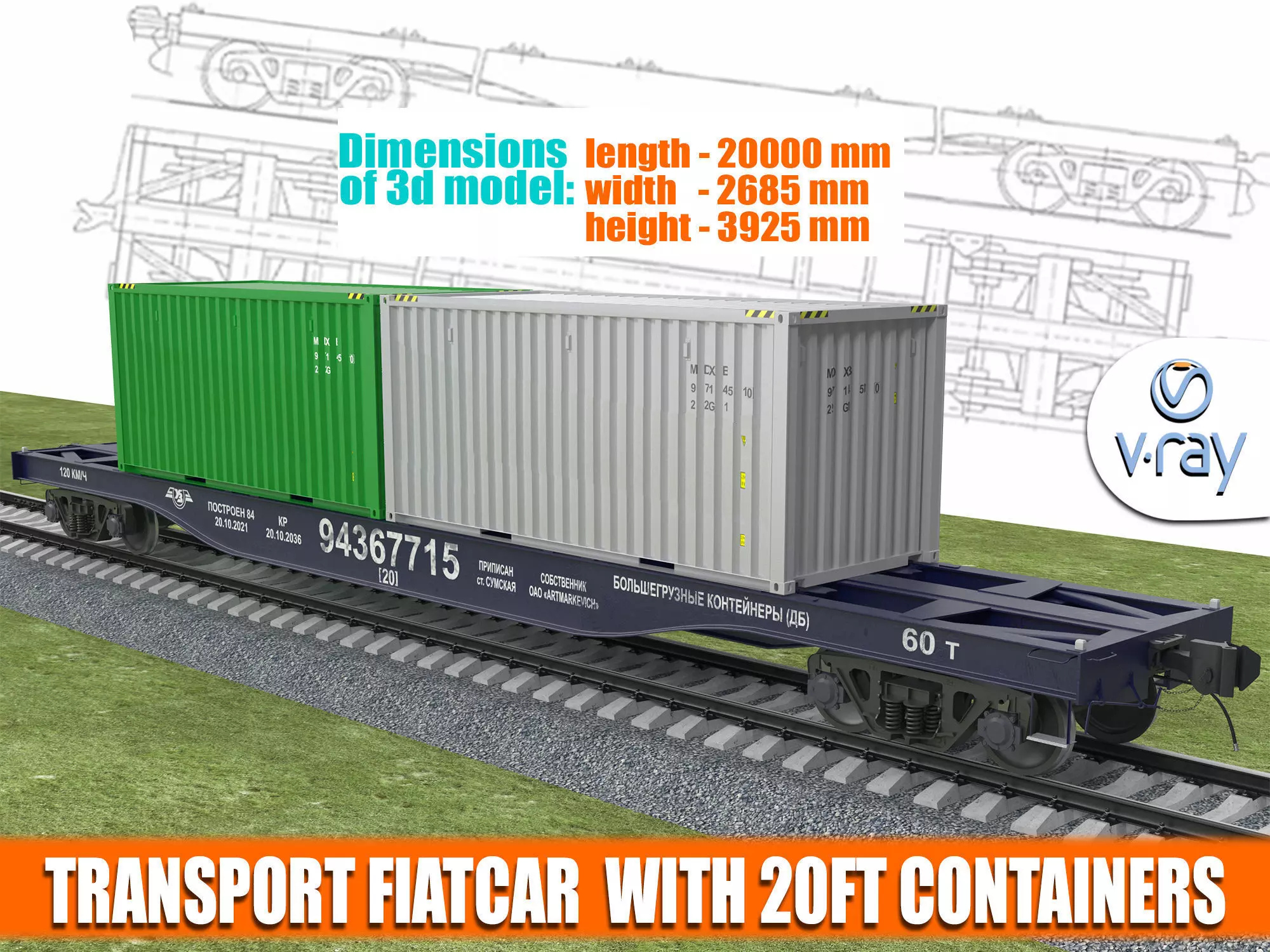 Train wagon flatcar with 20ft containers 3D model