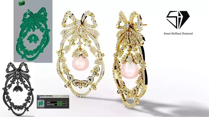 Luxury Pearl Drop Earrings 3D Jewelry CAD Model pe0003