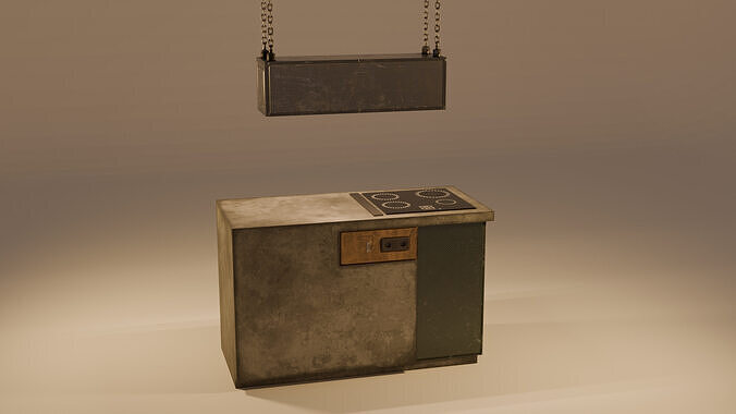 Stylized Industrial Kitchen Island with Cooktop and Ceiling Lamp Low-poly 3D model