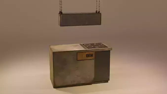 Stylized Industrial Kitchen Island with Cooktop and Ceiling Lamp Low-poly 3D model