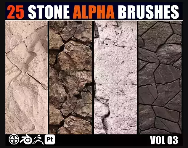 25 Real Stone Alpha Brushes-Zbrush and blender  brush-Vol 03 3D model