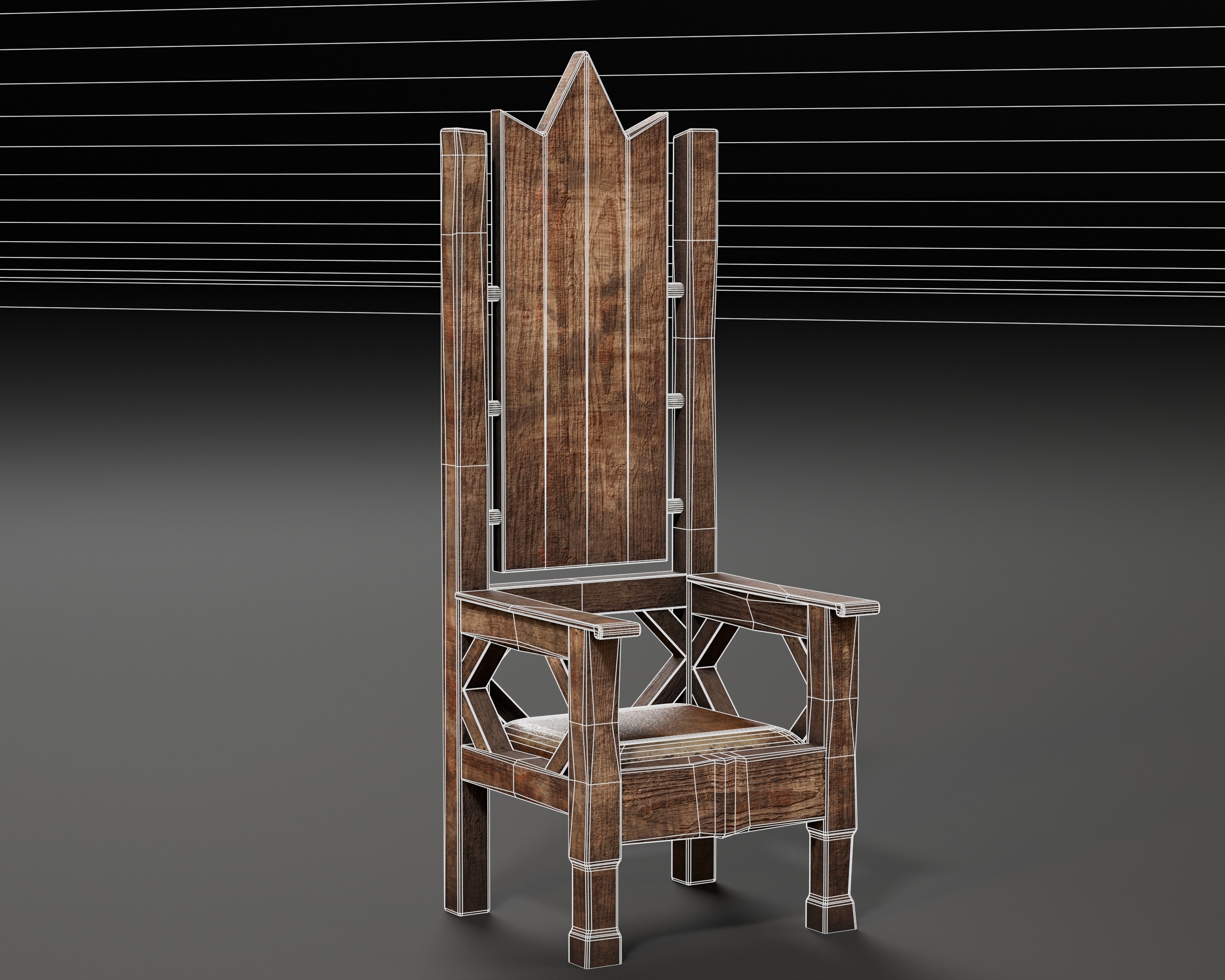 Medieval Wooden Rustic Chair Low-poly 3D model_3