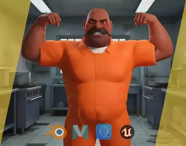 Cartoon man with mustache in prison jumpsuit