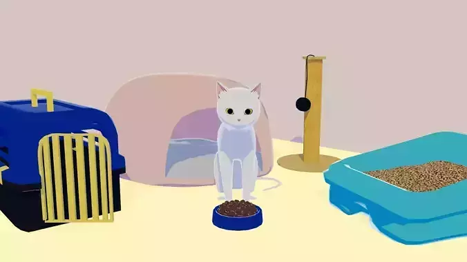 Low-poly Cartoon cat and pet supplies