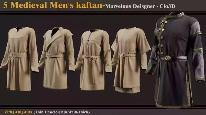 5 Medieval Men Kaftans-Md-Clo3D-ZPRJ-FBX-OBJ