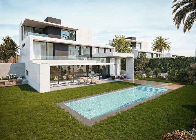 Modern Luxury Single-Family House with Pool 3D Scene  3D model 2