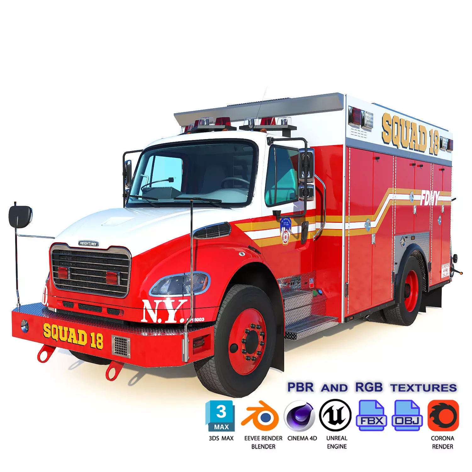 Fire Truck FDNY Squad Freightliner M2 106 Low-poly 3D model_0