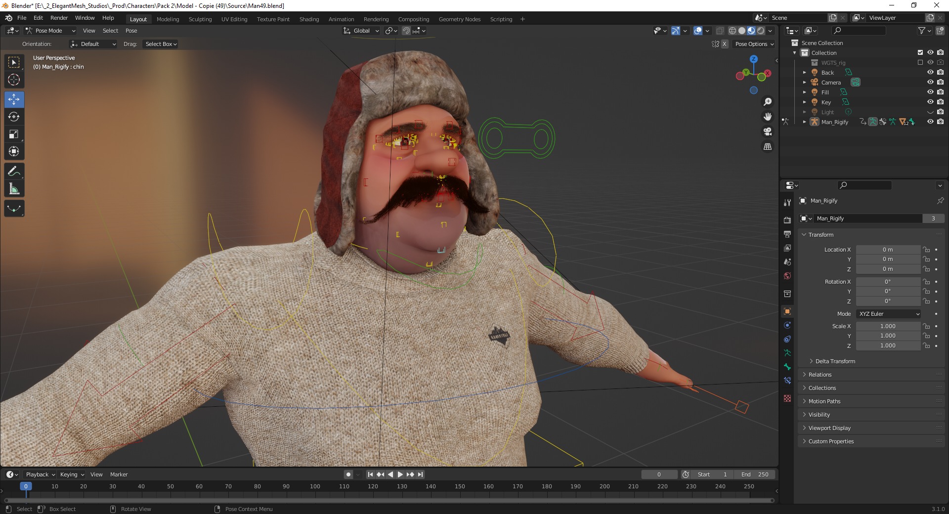 Cartoon Man with Moustache and Winter Hat Toon Winter Low-poly 3D model_21