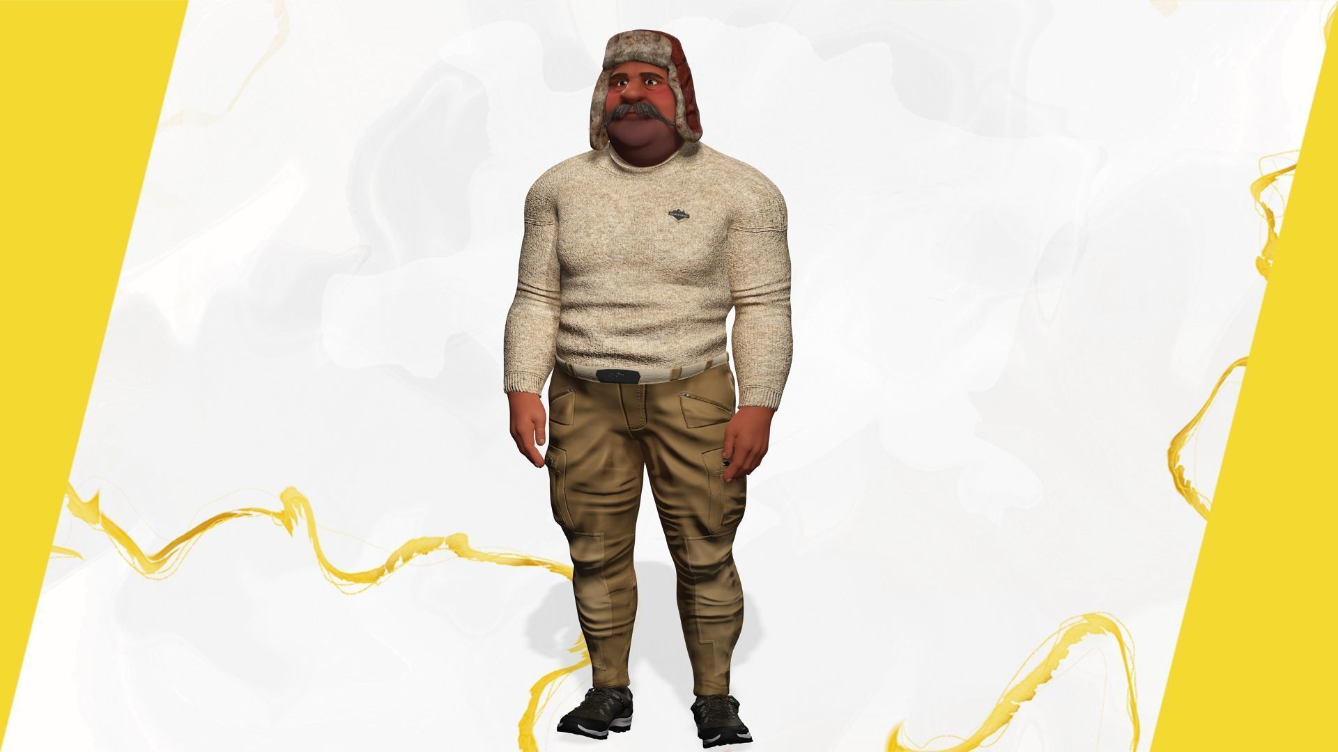 Cartoon Man with Moustache and Winter Hat Toon Winter Low-poly 3D model_12