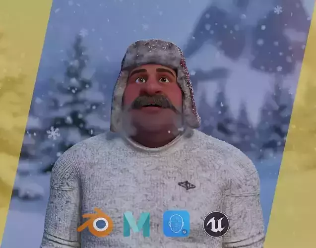 Cartoon Man with Moustache and Winter Hat Toon Winter