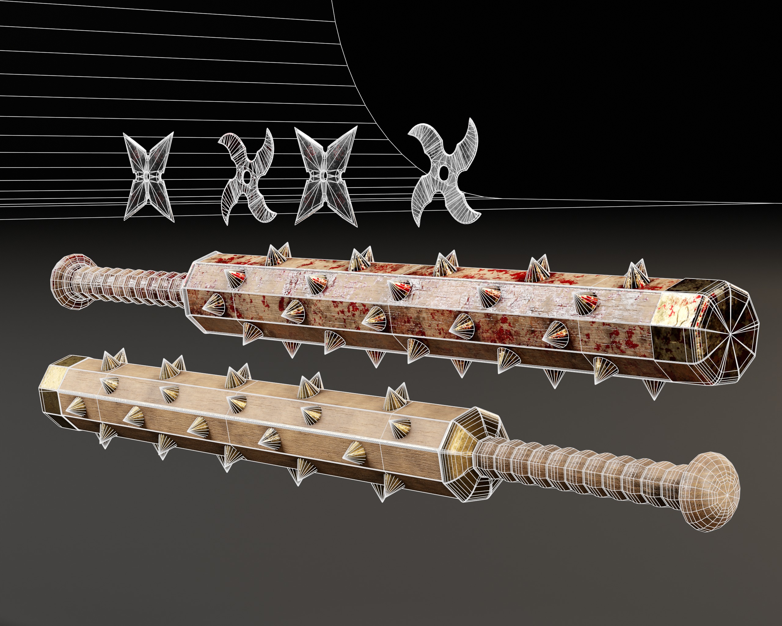 Tetsubo and Shurikens Low-poly 3D model_11