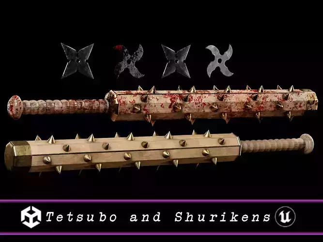 Tetsubo and Shurikens Low-poly 3D model Tetsubo and Shurikens Low-poly 3D model